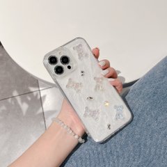 Кремовий чохол для iPhone 12 Pro 3D Teddy Bear з блискітками